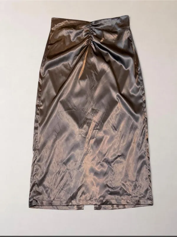 Commense Size L Chocolate Brown Satin Ruched Midi Skirt Slit - Image 3