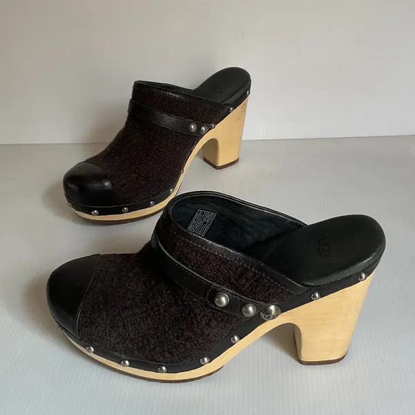 UGG Black Tweed Wooden Clog Mules Heels Women’s Size 9 - Image 2