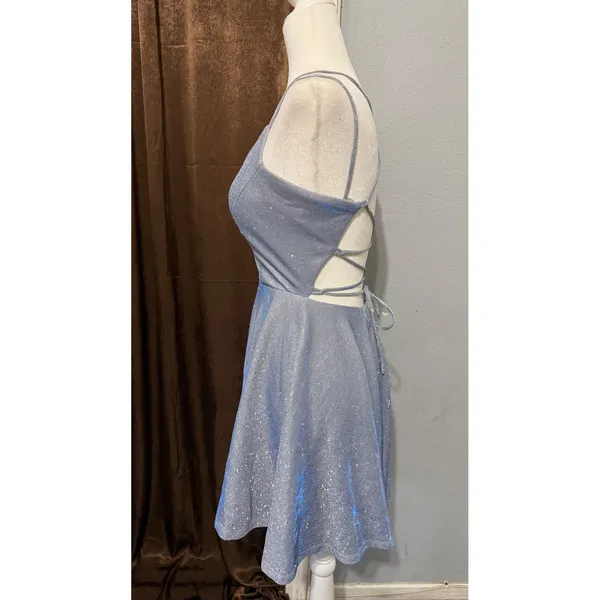 Windsor Light Blue Glitter Skater Dress Siz S V-Neck Lace Up Back Mini Prom Glam - Image 14