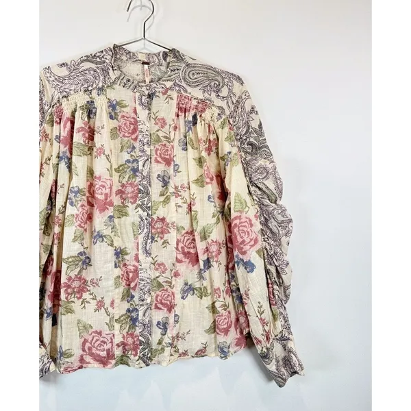 Free People Womens Beige Maraya Floral Paisley Puff Sleeve Blouse Boho Small - Image 7