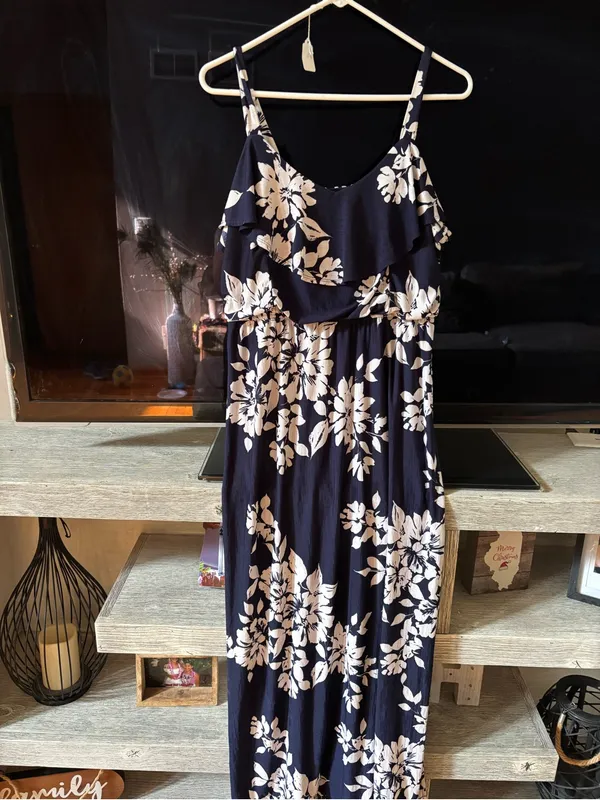 Three Hearts Navy and White Floral Ruffle Maxi Dress - Image 2