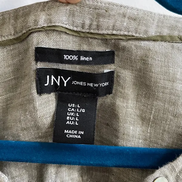Jones New York Linen Tunic Women Large Olive Green Coastal Boho Henley Roll Tab‎ - Image 3