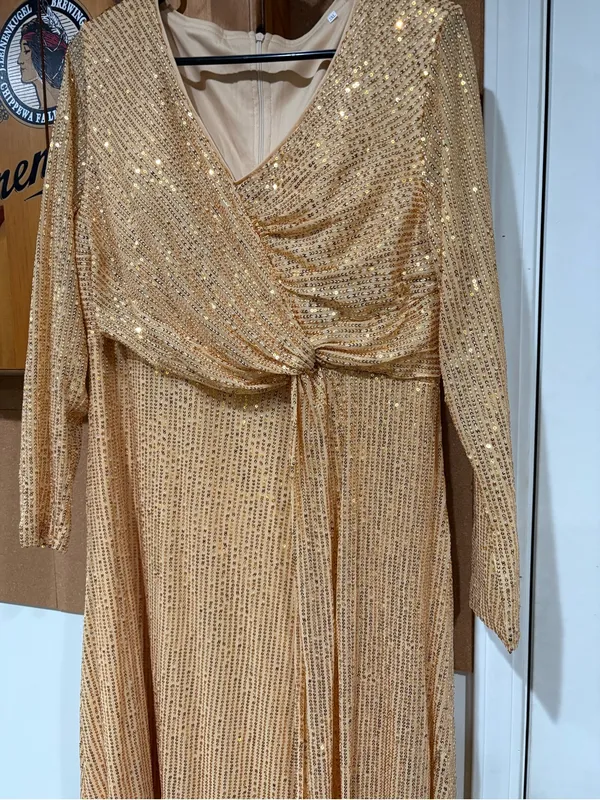 Gold Sequin Faux Wrap Maxi Dress - Image 3