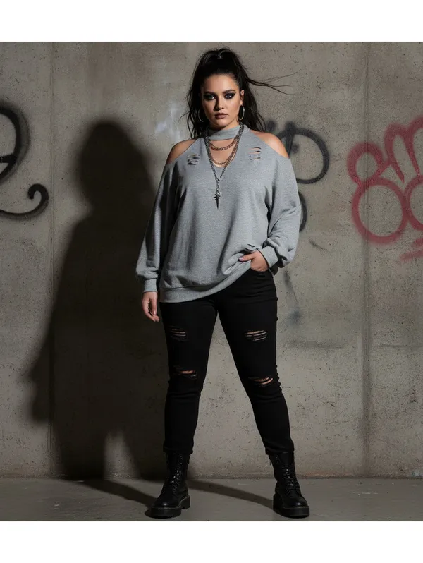 Edgy Gray Cold Shoulder Cutout Sweatshirt XXL Long Sleeve Top Distressed - Image 10