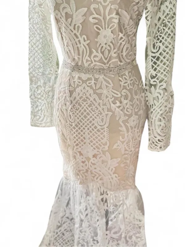 Elegant Ivory White & Nude Embroidered Lace Bohemian Dress With Rhinestone Belt - Image 6