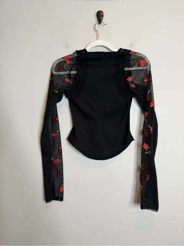 Free People Jolie Thermal Top XS Black Floral Mesh Lace Long Sleeve Boho - Image 6