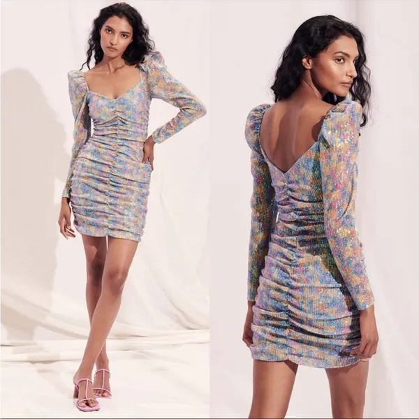 SAYLOR Multicolour Sequin Ruched Bodycon Dress Small Long Sleeve Mini - Image 2