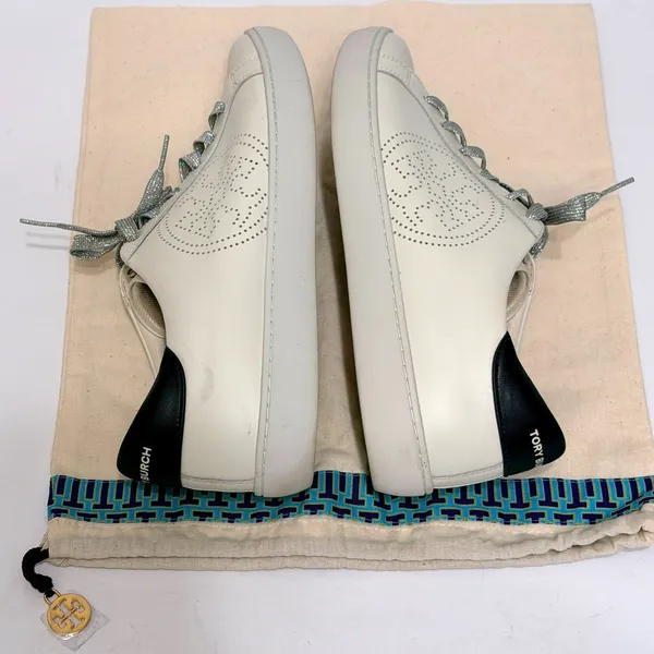 Tory Burch Leigh Sneaker Ivory White Leather Silver Glitter Lace 9.5M 83603 - Image 11
