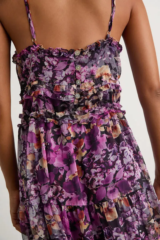 NWT Lulus Dayah Purple Floral Ruffled Tiered Midi Dress - Image 2