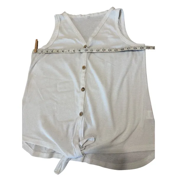 White Waffle Knit Button Front Tie Hem Tank Top Sleeveless V-Neck Large‎ - Image 5