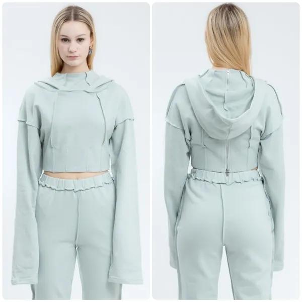 Danielle Guizio Womens Aqua Fleece Corset Cropped Balletcore Edgy Hoodie Size M - Image 2