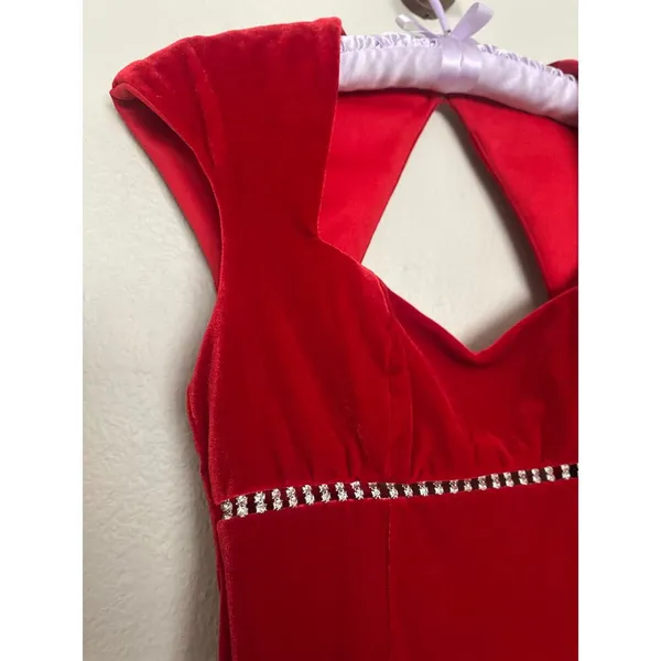 Vintage 90s Sz 4 Red Velvet Rhinestone Empire Waist Cap Sleeve Maxi Dress Gown - Image 5