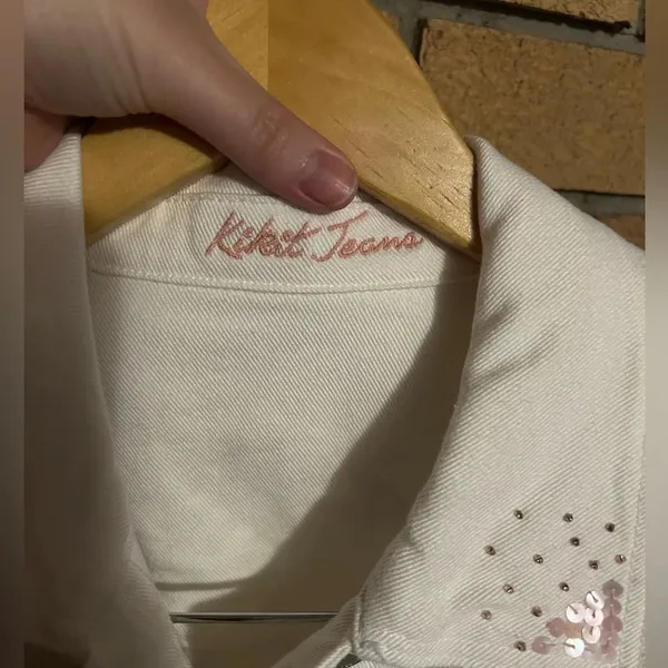Kikit Jeans Jacket Womens Size Small White Floral Embroidered Cropped Denim - Image 5