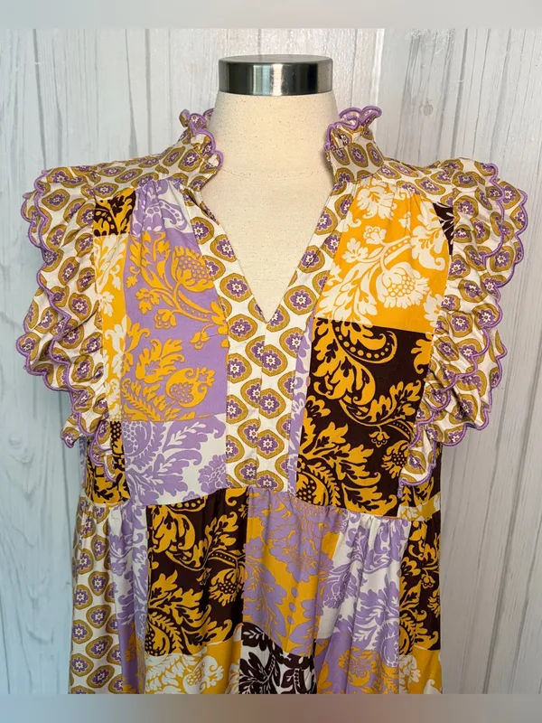 UMGEE Scarf Print Midi Shift Dress, Large, Ruffle Sleeves Boho Cottagecore - Image 5