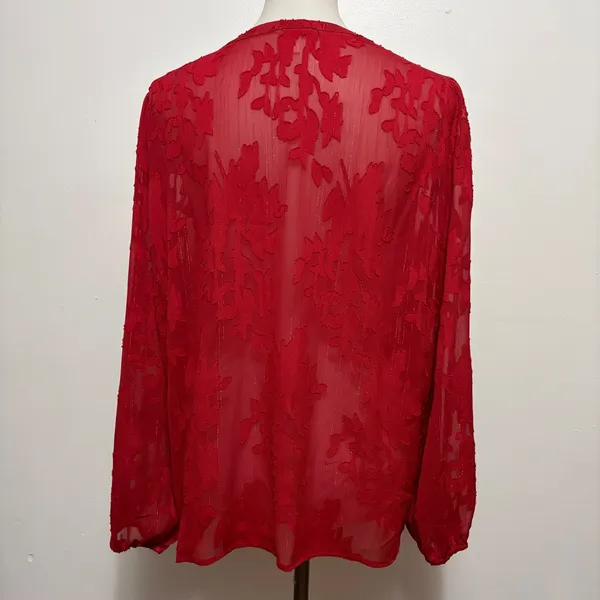 Maurices Blouse Large Red Floral Burnout Metallic Split Neck Pleated Peasant - Image 6