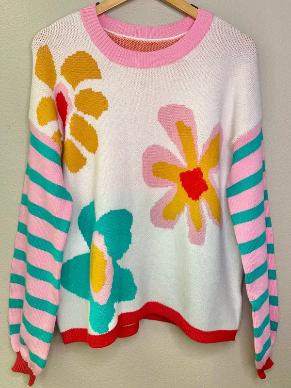 NEW Boutique Floral Striped Mixed Print Crewneck Sweater Summer Spring Bright - Image 10