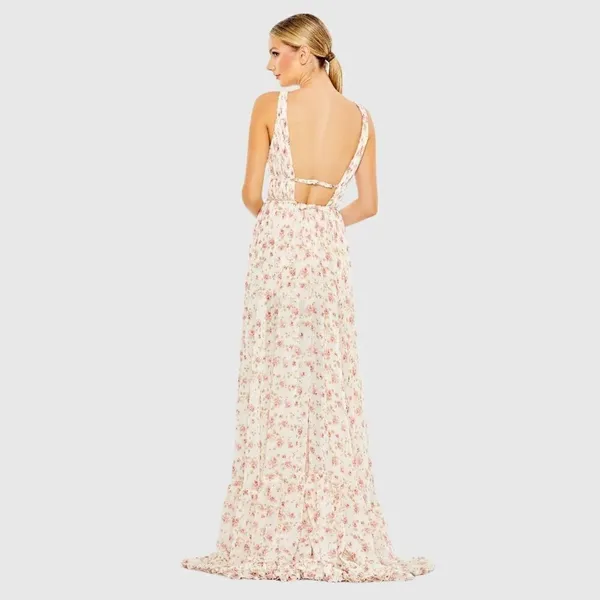 MAC DUGGAL White Multicolor Floral Print Sleeveless Ruffled High-Low Gown - Image 5