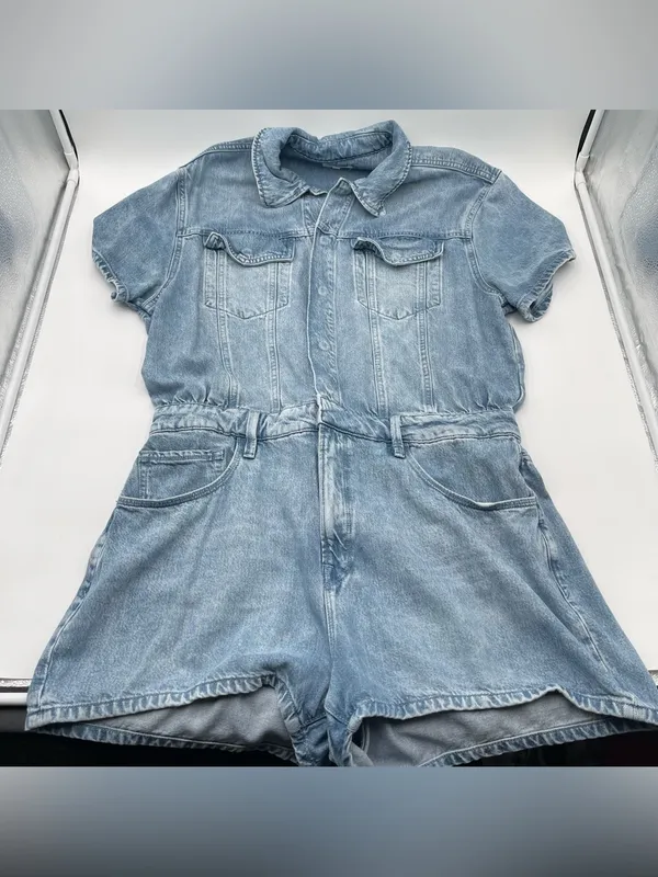 Good American Weightless Light Blue Denim Short Sleeve Romper Sz 4 XL - Image 4