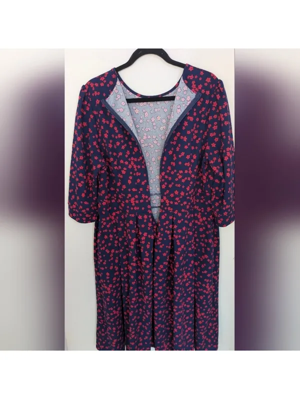 Navy Red Floral Fit & Flare Midi Dress XXL 3/4 Sleeve Pockets Plus - Image 4