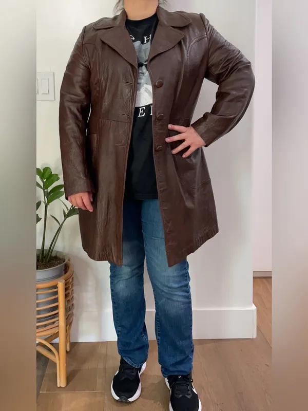 Great Things Vintage Chocolate Brown Genuine Leather Long Coat Jacket Size Large - Image 13
