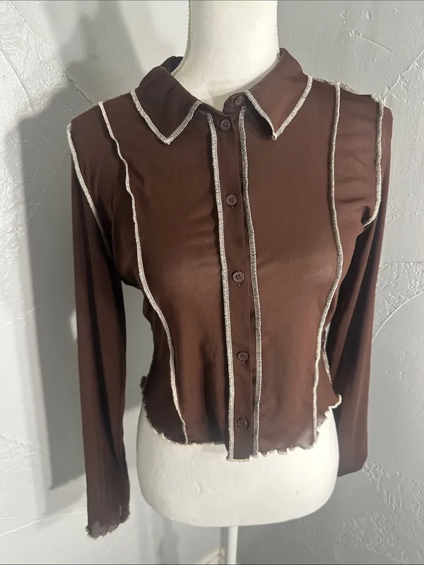 Divided Dark Brown Long-Sleeve Button-Down Top with Contrast Seams - Image 5