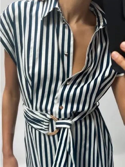 Zara Striped Linen Blend Button-Front Midi Dress Waist Tie - Navy & White - Image 3