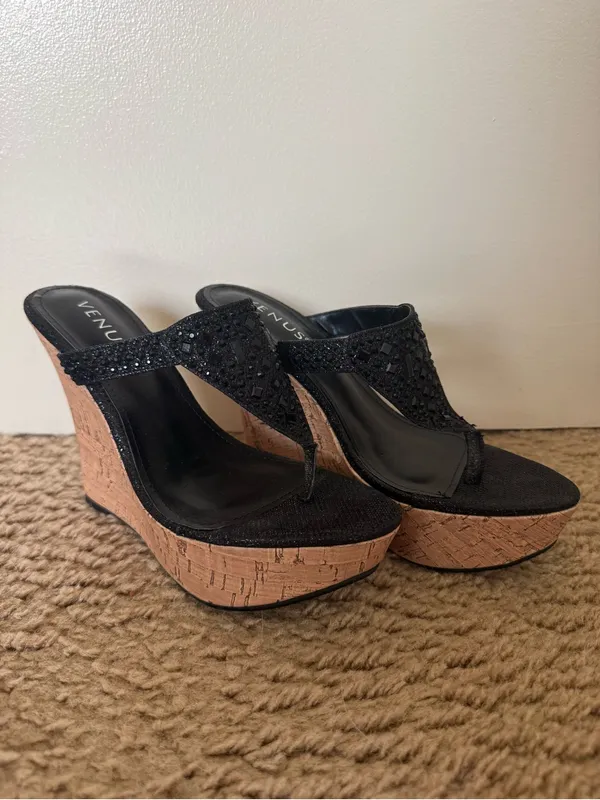 VENUS Black Rhinestone Embellished Cork Platform Wedge Thong Sandals New Size 7 - Image 2
