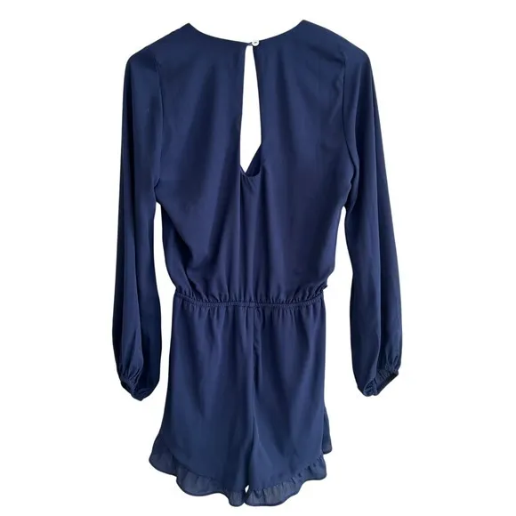 Show Me Your Mumu Rocky Romper Navy Blue Long Sleeve Ruffle Hem‎ Medium MF5-04 - Image 2