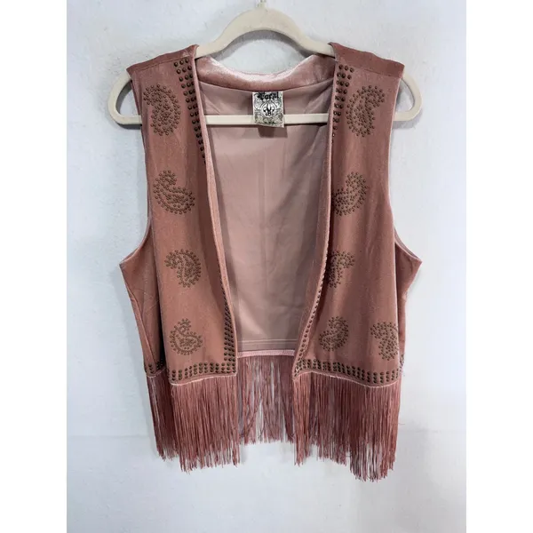 Vocal Women's XL Pink‎ Vest Faux Suede Studded Fringe Western Boho Cowgirl - Image 3