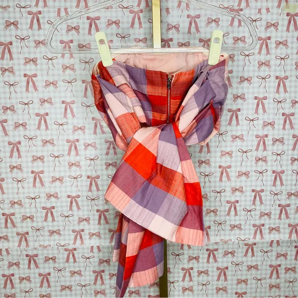 Anthropologie English Factory Pink & Purple Plaid Strapless Tie Back Bow Top S - Image 3