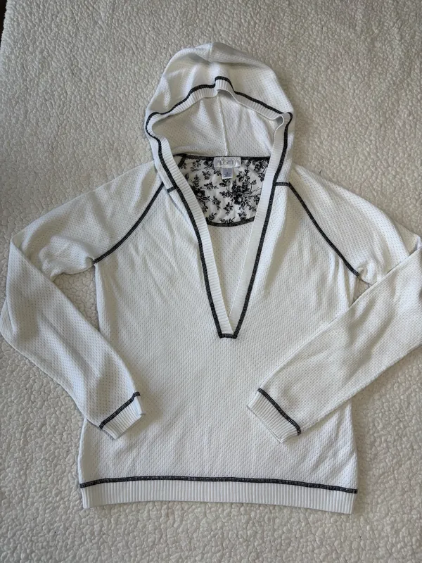 LOFT Plunging V-Neck Waffle Thermal Pullover Hoodie Black Contrast Trim Size S - Image 2