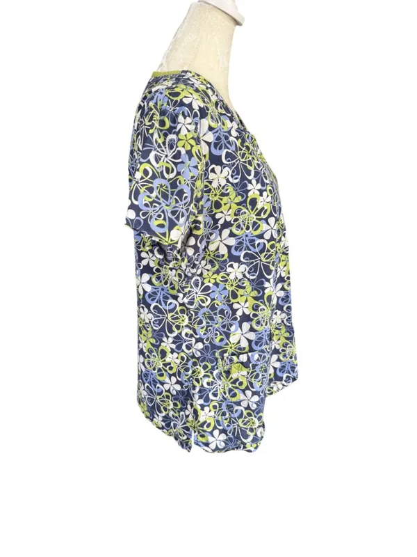 MC2 lime green and blue floral short sleeve v-neck scrub top front pockets L - Image 3