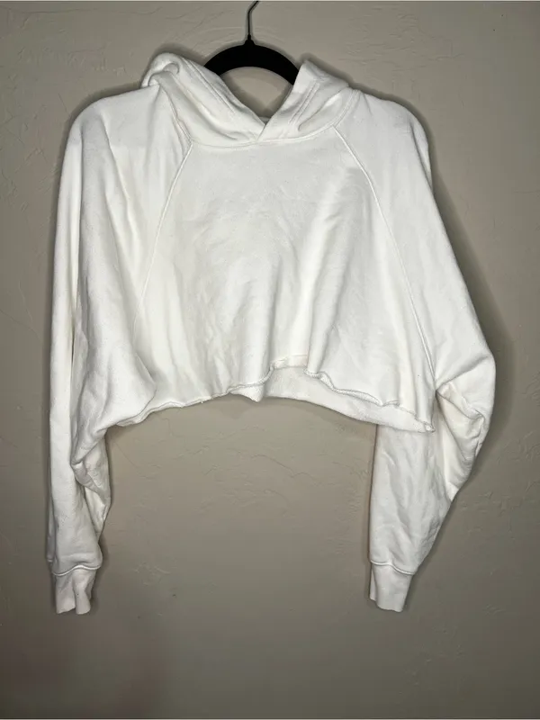 TNA Aritzia Sweatfleece Terry Mega Fit White‎ Cropped Raw Hem Hooded Sweatshirt - Image 3