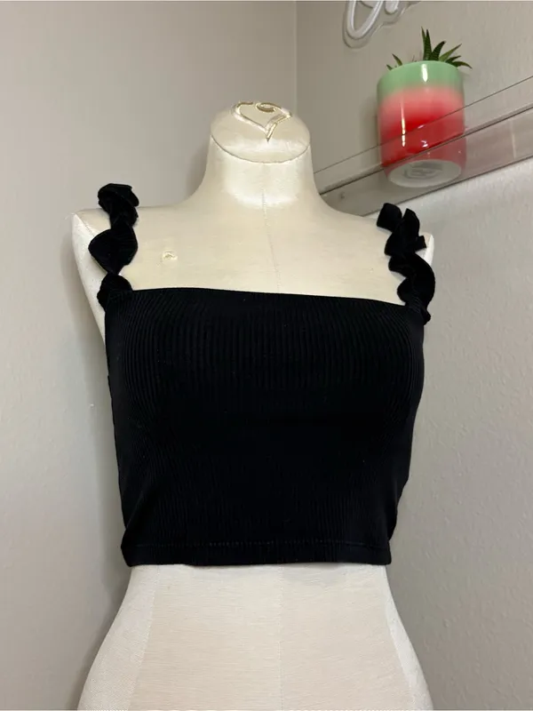 Aritzia Sunday best Black Ruffle Strap Ribbed Crop Tank Top summer casual XXS - Image 2