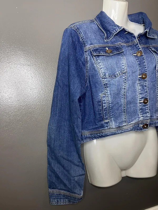 Dunnes Denim Jacket Womens 16 Blue Cropped Jean Button Front Stretch Trucker - Image 2