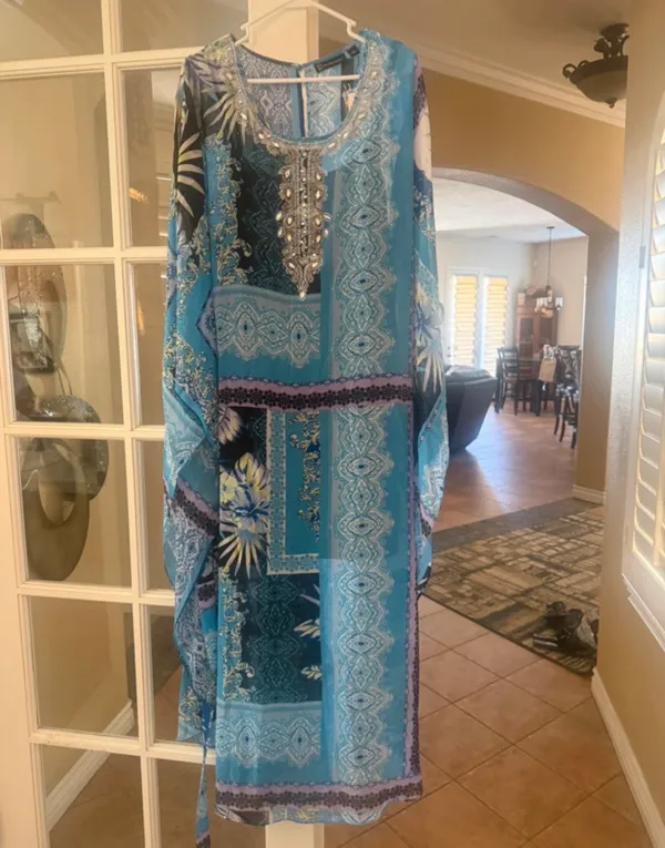 New York & Company Blue Patchwork Embellished Maxi Dress with belt - Image 2