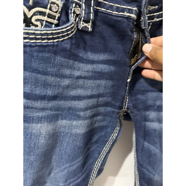 Rock Revival Kai Straight Jeans Dark Blue Denim Embroidered Flap Pockets Size 29 - Image 6