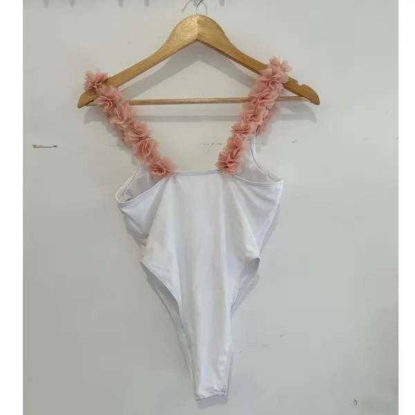 White One Piece‎ Swimsuit Blush Pink Floral Straps High Cut Small Beach Bridal - Image 3