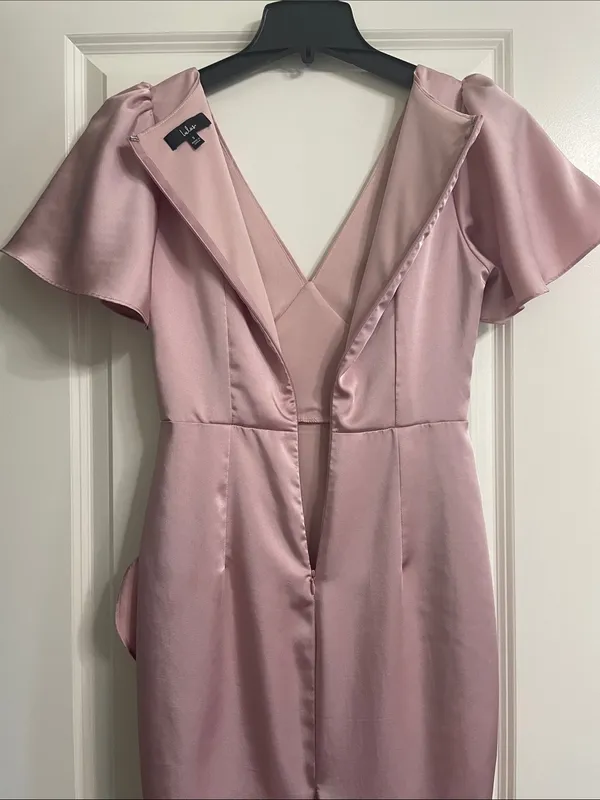 Lulus Eternal Bond Blush Satin Ruffled Flutter Sleeve Maxi Dress Size Small - Image 9