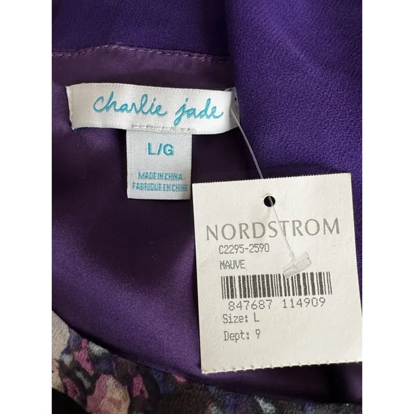 Charlie Jade 100% Silk Purple Floral Fit & Flare Cocktail Romantic Dress L NWT - Image 7