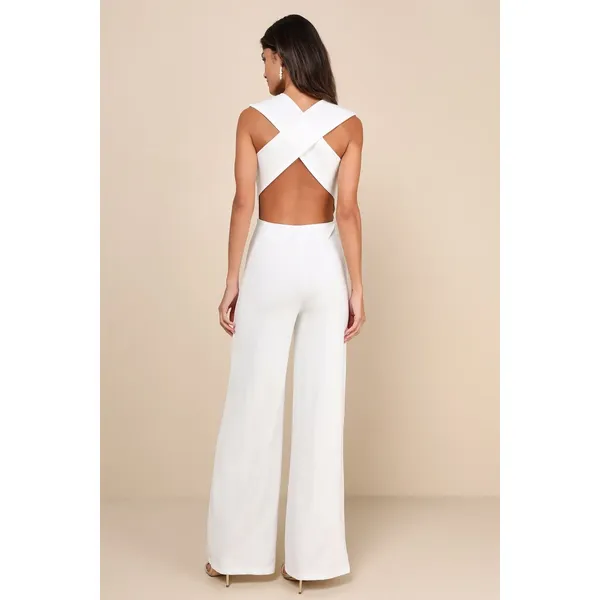 NWT Lulus Thinking Out Loud White Backless Jumpsuit Cocktail Classy Size XS - Image 3