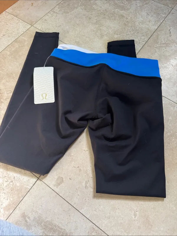 lululemon athletica Black Leggings with Blue and White Striped Waistband - Image 3