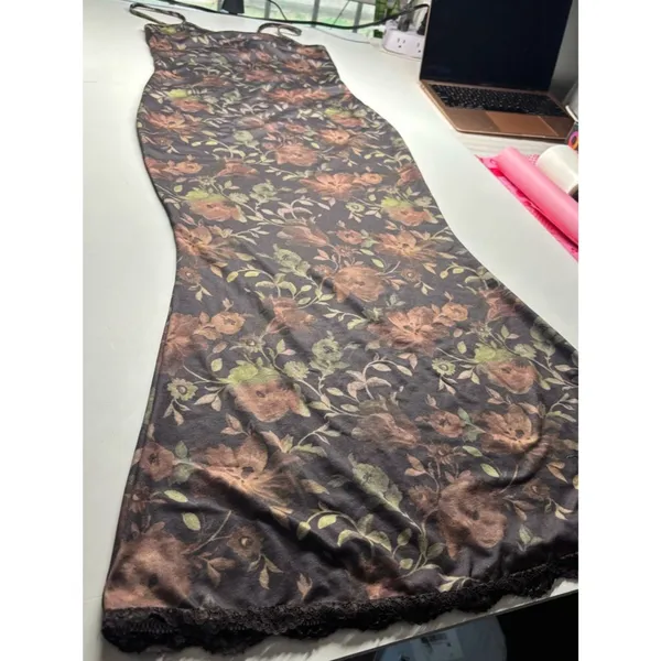 ROMWE Floral Lace Hem Maxi Slip Dress XS 90s Vintage Grunge Academia Cottagecore - Image 2