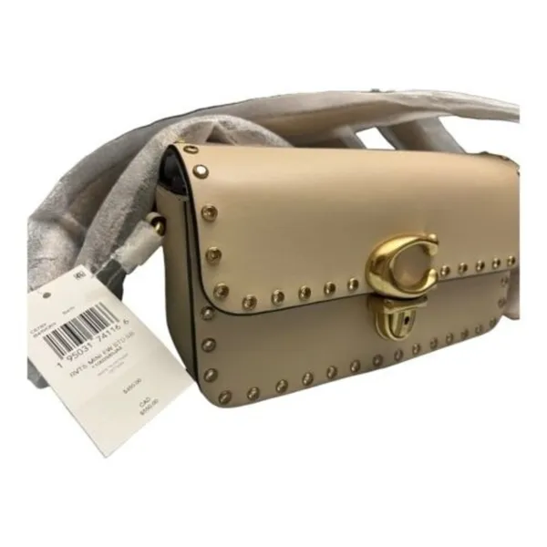 Coach Ivory Glove Tan Leather w/ Crystal Rivets Studio Baguette Shoulder Bag New - Image 4