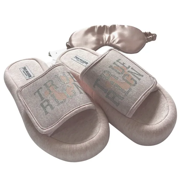 True Religion Women's Pink Plush Open Toe Slippers Large 8-9 Horseshoe Logo - Image 2