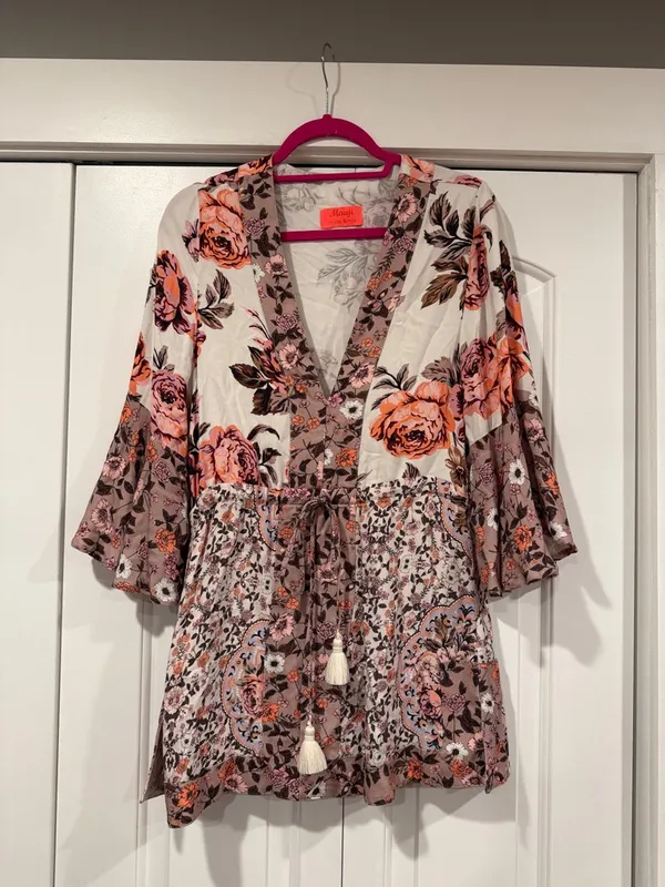 Maaji Floral Ruffled Swim Coverup in White‎ and Pink small - Image 2