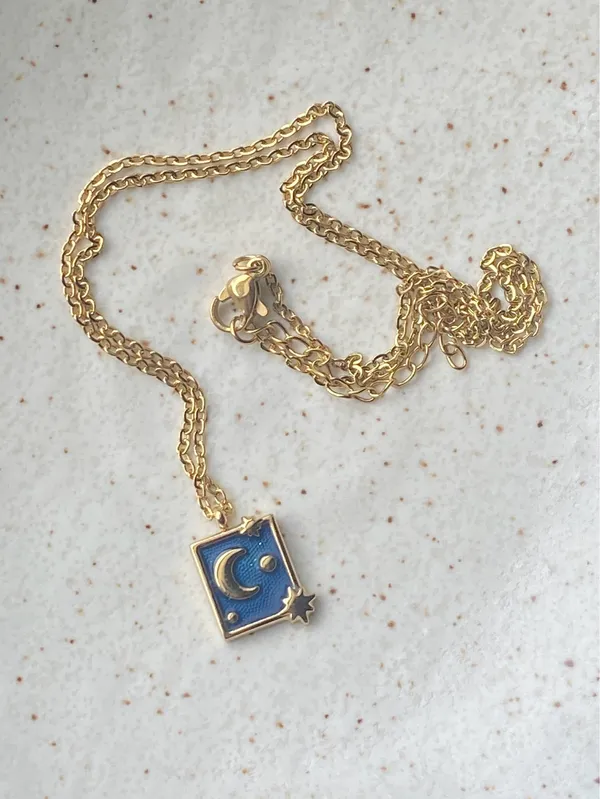 Handmade gold stainless steel blue celestial whimsical chic moon necklace⭐️ - Image 7