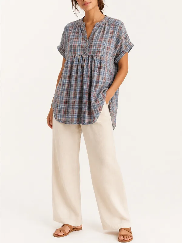 Easel Blue Plaid Babydoll Tunic Top S Oversized Boho Cottagecore Peasant - Image 3
