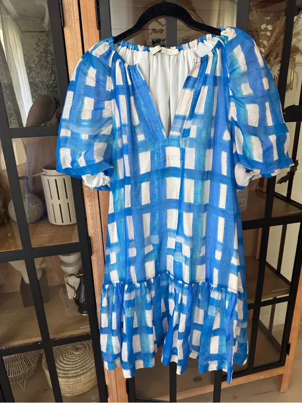 Marie Oliver greta mini dress gingham plaid amalfi silk linen raglan puff sleeve - Image 11
