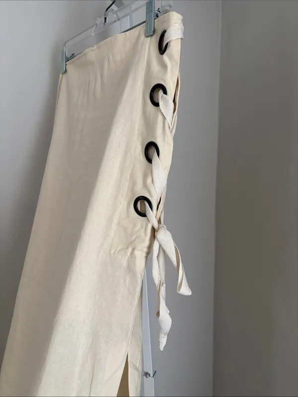 VENUS Cream Linen Blend Midi Skirt with Side Grommet Tie Side Slit Women’s Sz 14 - Image 3